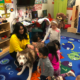 Photo of preschool students with a dog from the Animal Science classroom.