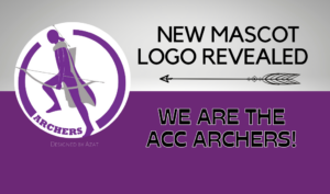 ACC Mascot Logo, a purple, gray, and white picture of a man with a bow and arrow