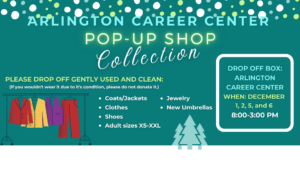 Blue-green background with image of clothing rack and information about the ACC Pop-Up Collection clothing drive December 1-2; 5-6.
