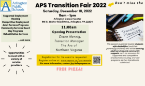 APS Transition Fair flyer with details about the upcoming fair on Saturday, December 10, 2022 at ACC