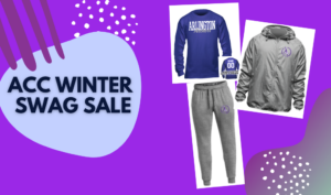 Purple and light blue background with images of ACC shirts, rain jackets, and sweatpants with message "ACC Winter Swag Sale"