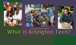 Blue and green background with pictures of students and teachers in CTE with message "What is Arlington Tech?"
