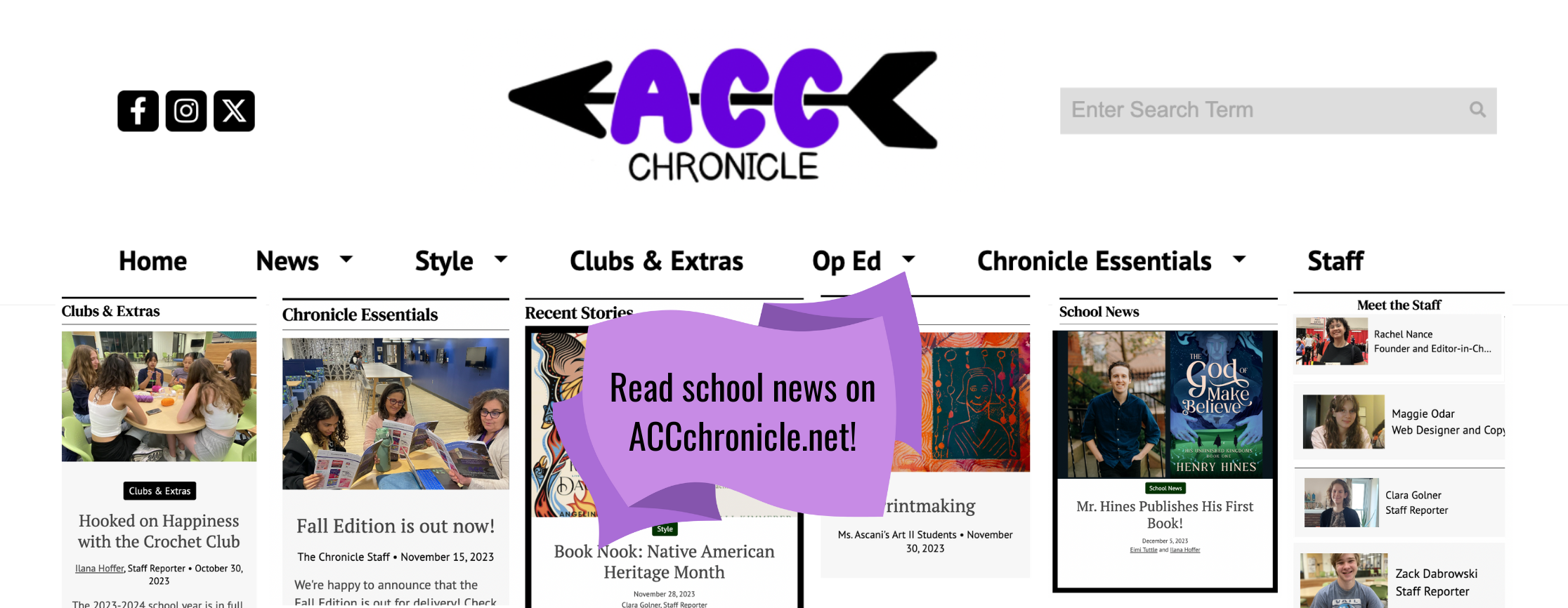 A screenshot of the most recent edition of the online school newspaper, ACC Chronicle, w/ images of students, books, and other important topics covered in the edition.