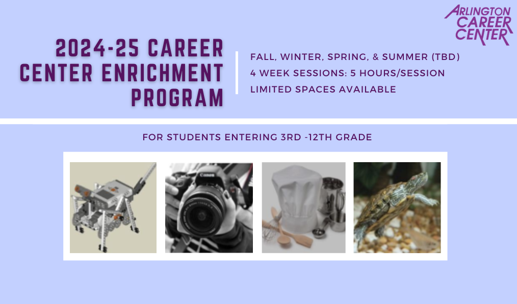 2024-25 Saturday Enrichment Program Flyer with information for parents of students grades 3-12 about the 4 week, Fall, Winter, Spring, & Summer sessions. Includes stock photos of drones, photographers, culinary supplies, and a turtle