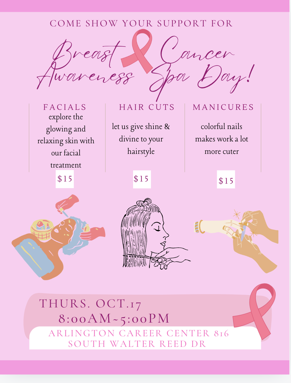 Breast Cancer Awareness Spa Day flyer for Thursday, October 17 in the ACC Cosmetology and Barbering classrooms with pictures of hair cuts, facials, and manicures