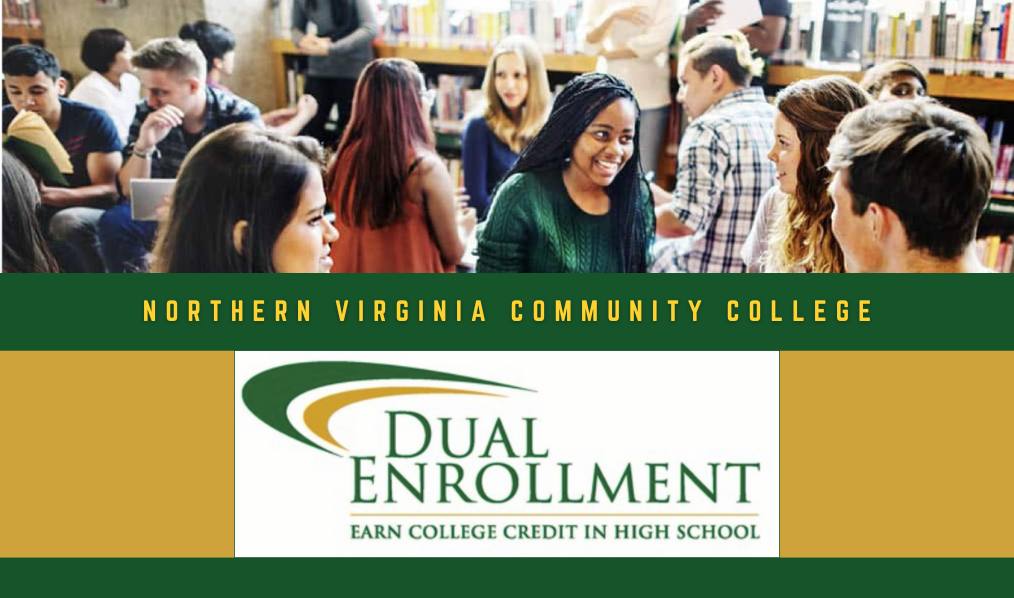 Image of students sitting in a library at NVCC with a picture of dual enrollment logo.