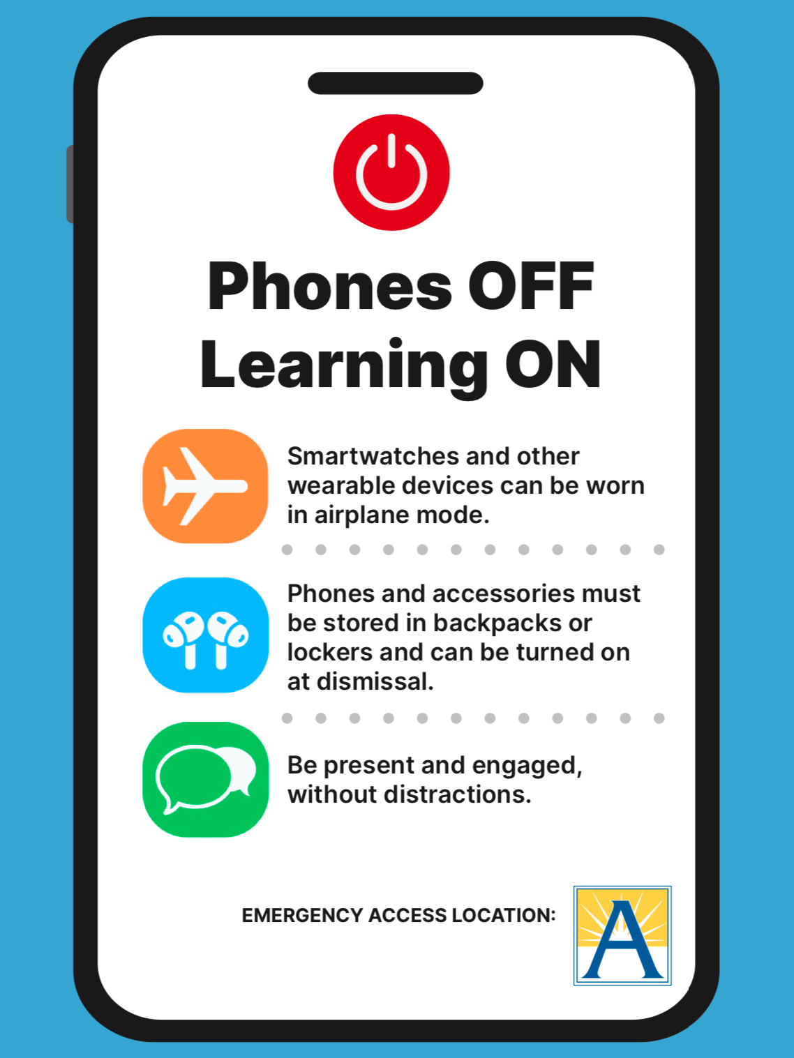 Image of a cellphone with the message “phone off learning on”