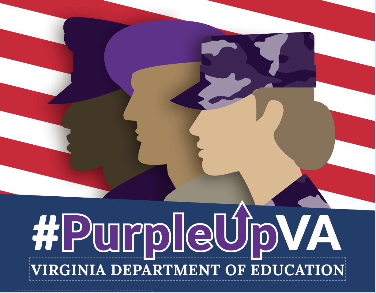 Month of the Military Child graphic of U.S. service men and women with message, #PurpleUpVA