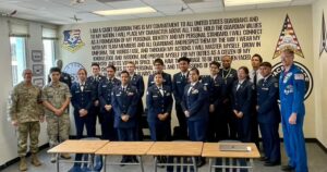 ACC Space Force students pose with Principal Margaret Chung and Guardian Astronaut Colonel Hague & the Chief Master Sergeant of the Space Force Bentivegna