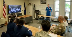 ACC Space Force students pose with Principal Margaret Chung and Guardian Astronaut Colonel Hague & the Chief Master Sergeant of the Space Force Bentivegna