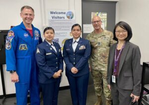 ACC Space Force students pose with Principal Margaret Chung and Guardian Astronaut Colonel Hague & the Chief Master Sergeant of the Space Force Bentivegna