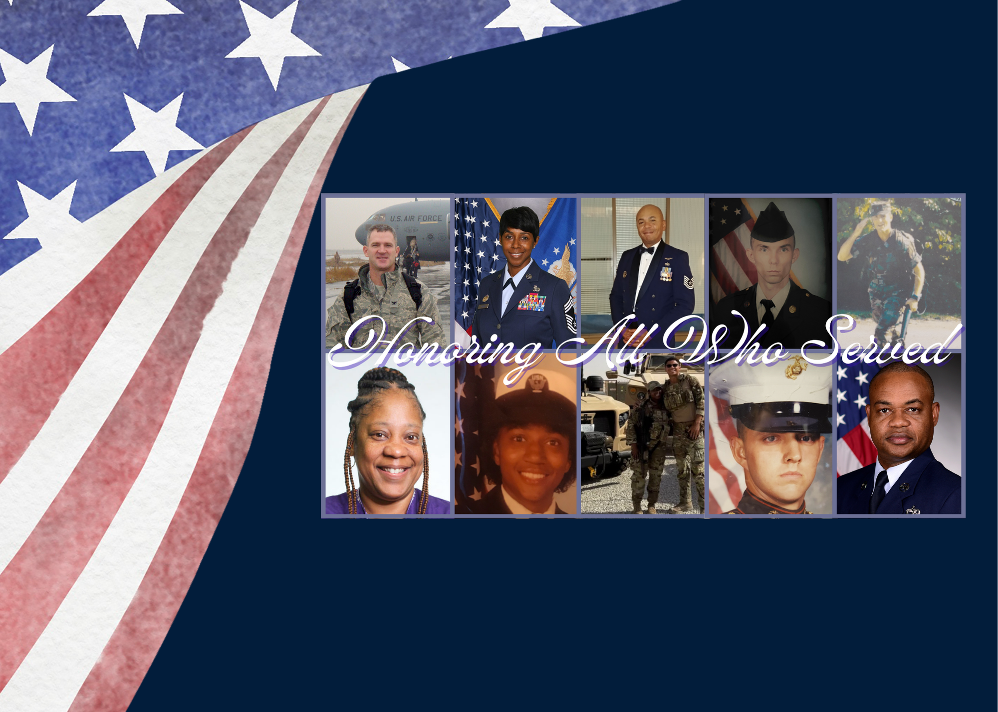 Image of the American Flag and picture of eight ACC staff members who served in the US Armed Forces with the message, "Honoring all who served."