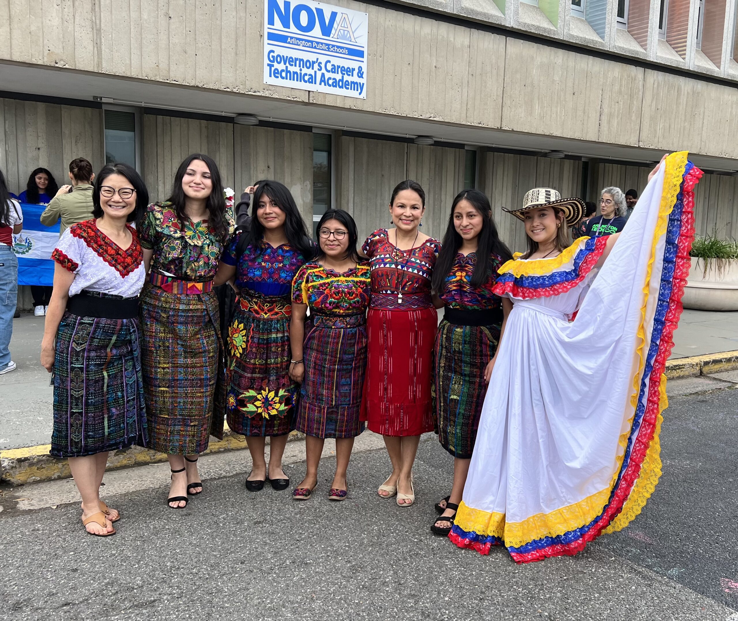 ELI Program students pose with Principal Chung and Señora Trevino during Hispanic Heritage Month celebration