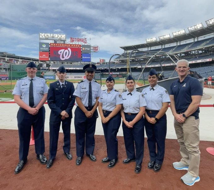 6 cadets in the Arlington Career Center’s Space Force JROTC program, VA-821, provided the color guard for the Washington Nationals game versus the Minnesota Twins